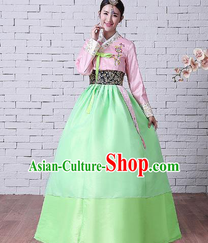 Asian Korean Dance Costumes Traditional Korean Hanbok Clothing Embroidered Pink Blouse and Green Dress for Women