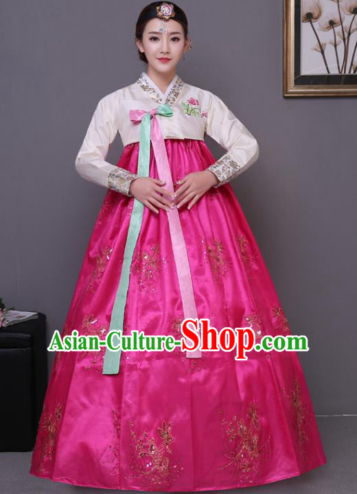 Asian Korean Dance Costumes Traditional Korean Hanbok Clothing White Blouse and Rosy Paillette Dress for Women