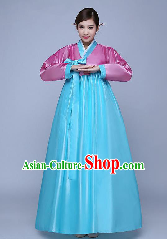 Asian Korean Dance Costumes Traditional Korean Hanbok Clothing Wedding Pink Blouse and Blue Dress for Women