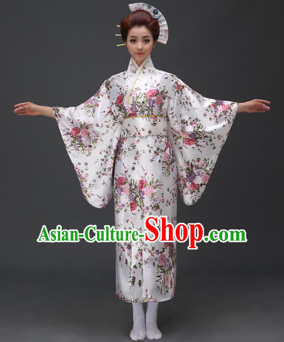 Asian Japanese Traditional Costumes Japan Printing Satin Furisode Kimono Yukata Dress Clothing for Women