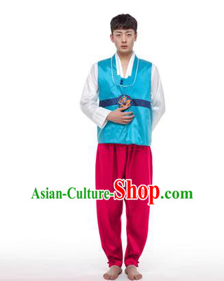 Asian Korean Palace Costumes Traditional Korean Bridegroom Blue Hanbok Clothing for Men