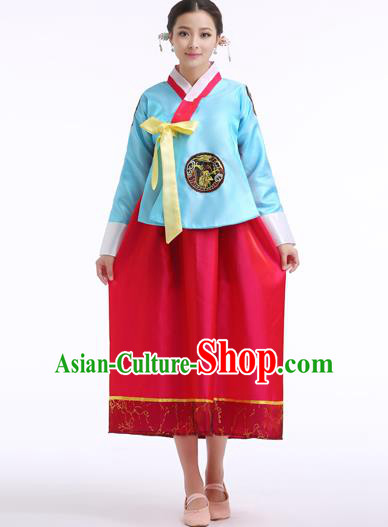 Asian Korean Palace Costumes Traditional Korean Bride Hanbok Clothing Blue Blouse and Red Dress for Women