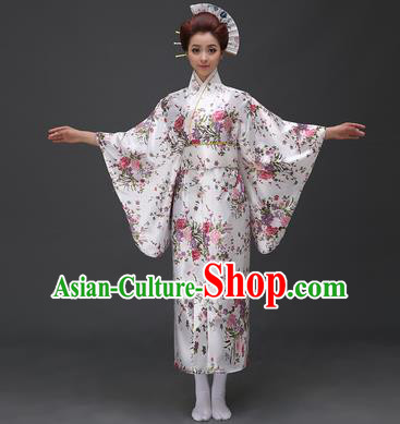 Asian Japanese Traditional Costumes Japan Printing Flowers White Satin Furisode Kimono Yukata Dress Clothing for Women
