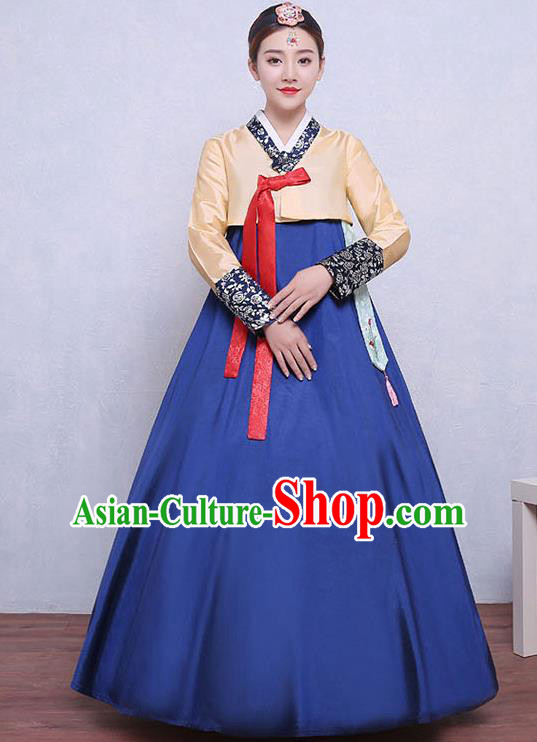 Asian Korean Dance Costumes Traditional Korean Dress Hanbok Clothing Yellow Blouse and Navy Skirt for Women