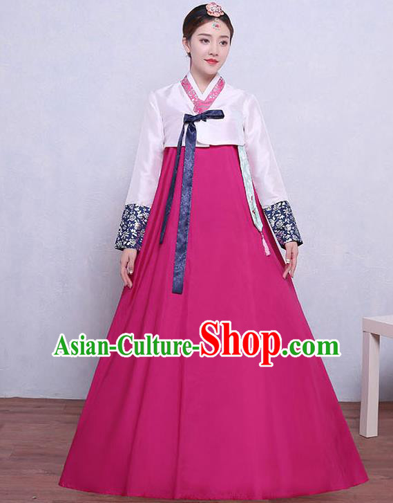 Asian Korean Dance Costumes Traditional Korean Hanbok Clothing White Blouse and Rosy Dress for Women