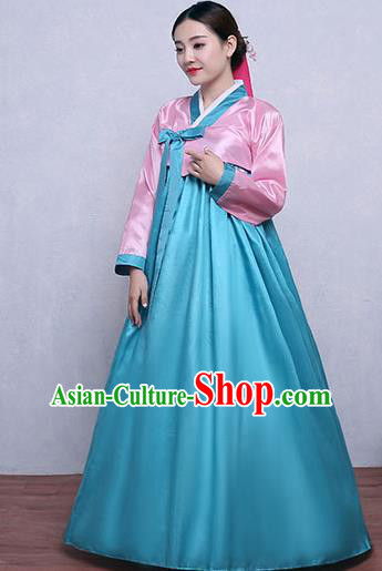 Asian Korean Dance Costumes Traditional Korean Hanbok Clothing Pink Blouse and Blue Dress for Women