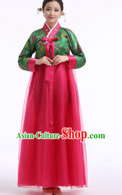 Asian Korean Palace Costumes Traditional Korean Bride Hanbok Clothing Green Blouse and Rosy Veil Dress for Women