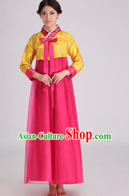 Asian Korean Palace Costumes Traditional Korean Bride Hanbok Clothing Yellow Blouse and Rosy Veil Dress for Women
