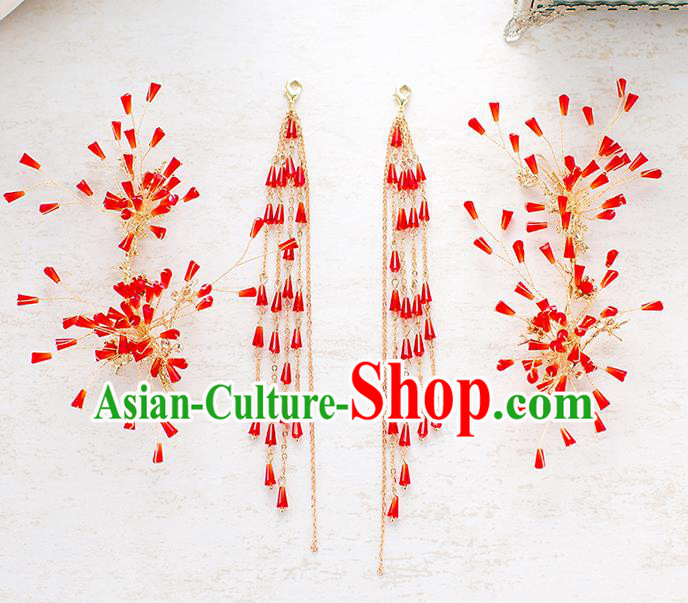 Handmade Classical Wedding Accessories Bride Red Hair Stick and Tassel Earrings Headwear for Women
