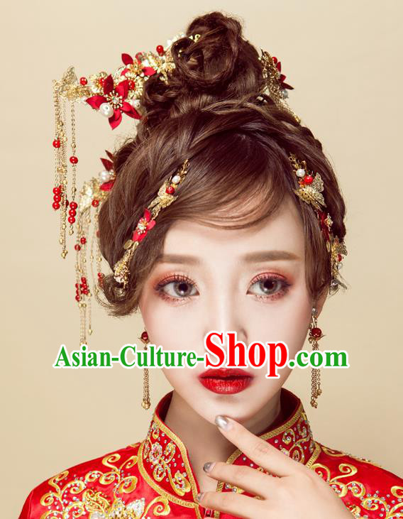 Chinese Handmade Classical Wedding Hair Accessories Ancient Xiuhe Suits Red Flowers Hair Combs Hairpins for Women