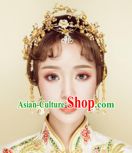 Chinese Handmade Classical Wedding Hair Accessories Ancient Xiuhe Suits Golden Phoenix Coronet Hairpins for Women