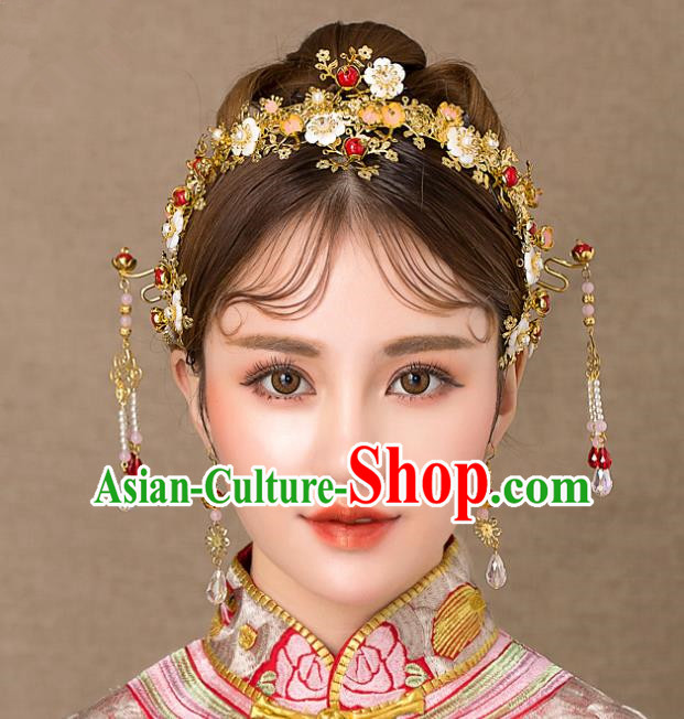 Chinese Handmade Classical Wedding Hair Accessories Ancient Shell Flowers Phoenix Coronet Hairpins Headdress for Women