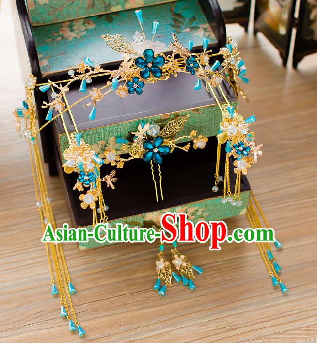 Chinese Handmade Classical Wedding Hair Accessories Ancient Blue Crystal Phoenix Coronet Hairpins Headdress for Women