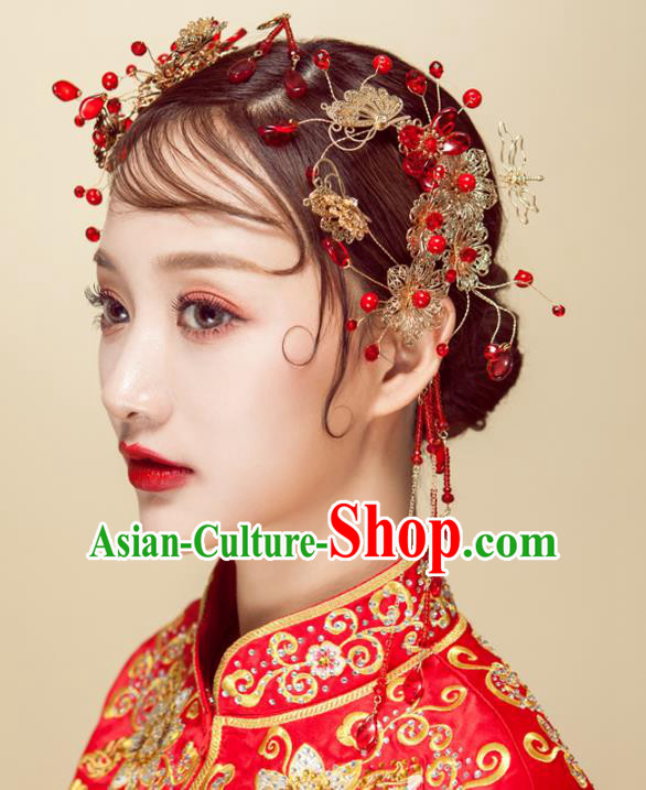 Chinese Handmade Classical Wedding Hair Accessories Ancient Red Beads Hair Stick Hairpins Headdress for Women