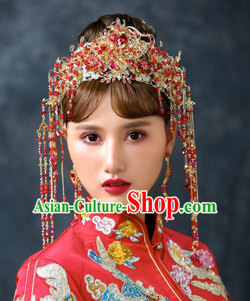 Chinese Handmade Classical Wedding Hair Accessories Ancient Red Tassel Phoenix Coronet Hairpins Headdress for Women