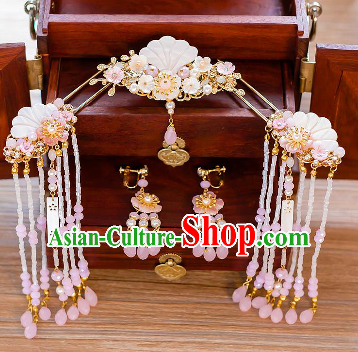 Chinese Handmade Classical Wedding Hair Accessories Ancient Pink Tassel Hairpins Step Shake for Women