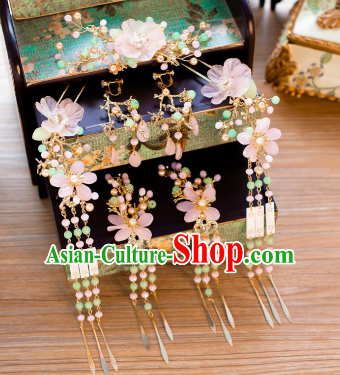Chinese Handmade Classical Wedding Hair Accessories Ancient Pink Flowers Tassel Hairpins Step Shake for Women