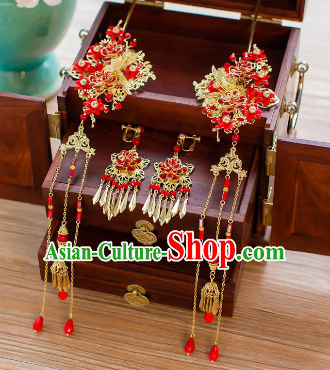 Chinese Handmade Classical Hair Accessories Ancient Palace Red Tassel Hairpins for Women