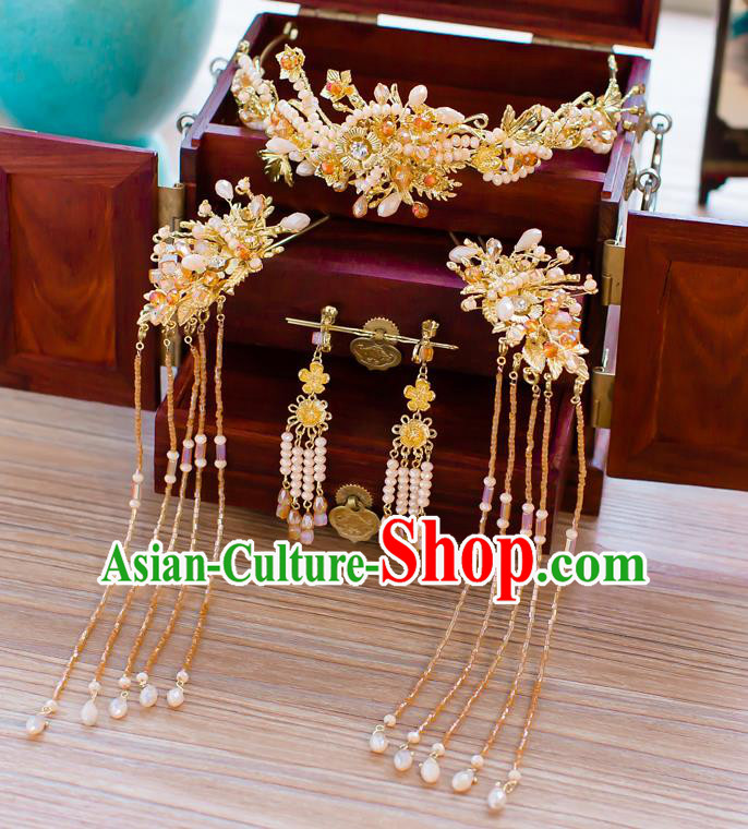 Chinese Handmade Classical Hair Accessories Ancient Palace Pearls Tassel Phoenix Coronet Hairpins for Women