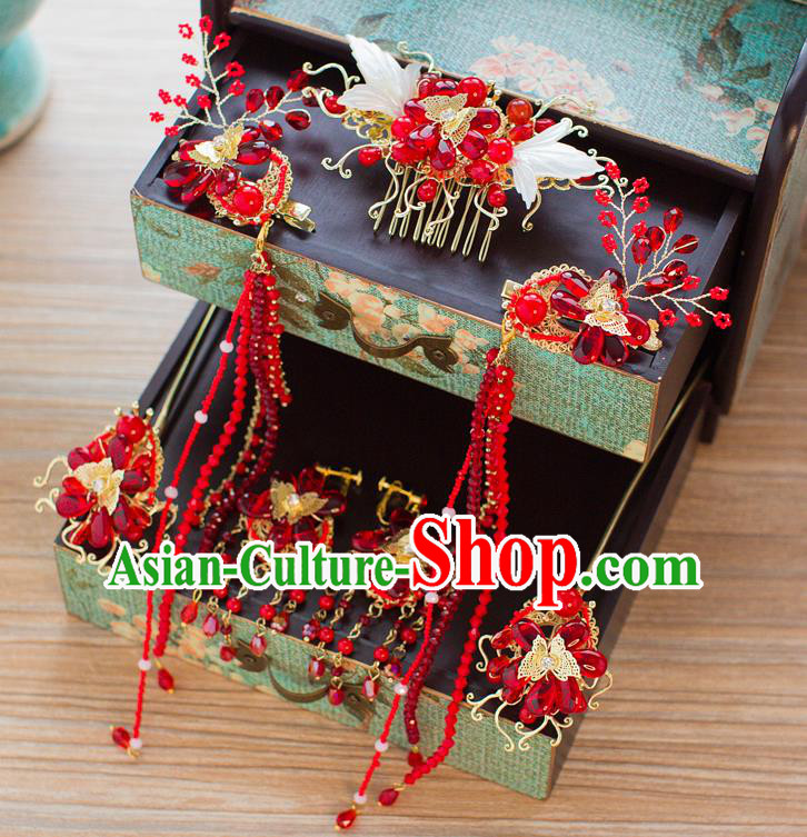 Chinese Handmade Classical Hair Accessories Ancient Palace Red Beads Hair Comb Hairpins for Women