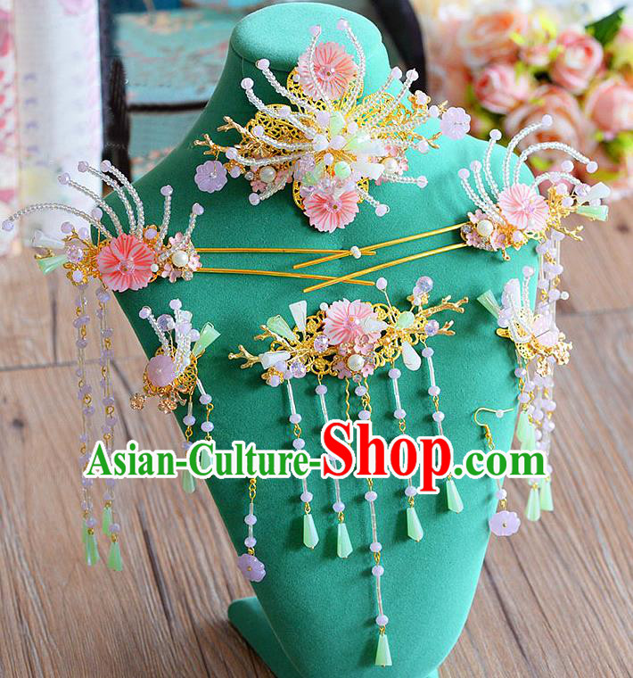 Chinese Handmade Classical Hair Accessories Ancient Bride Pink Shell Hairpins Complete Set for Women