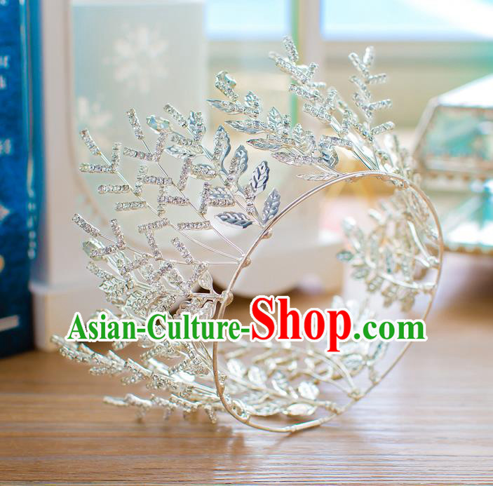 Handmade Classical Hair Accessories Baroque Crystal Leaf Round Royal Crown Princess Coronet for Women