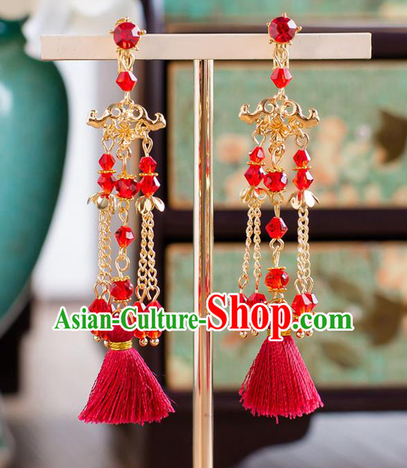 Handmade Classical Wedding Accessories Bride Red Tassel Golden Earrings for Women