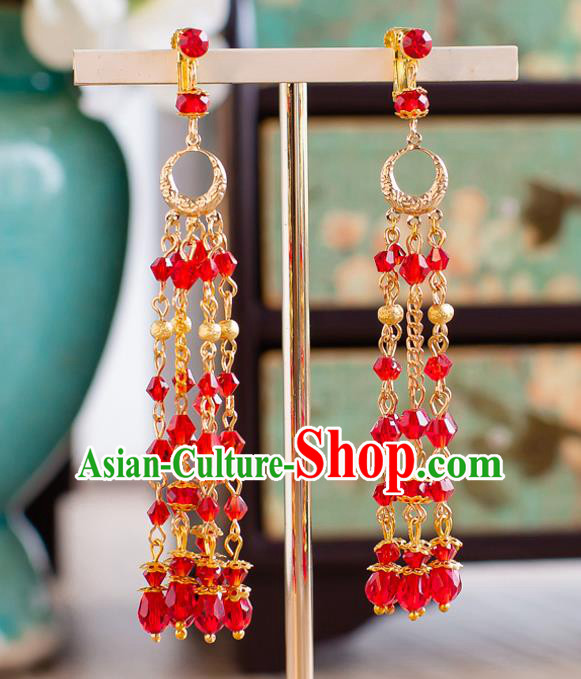 Handmade Classical Wedding Accessories Bride Red Beads Tassel Hanfu Earrings for Women
