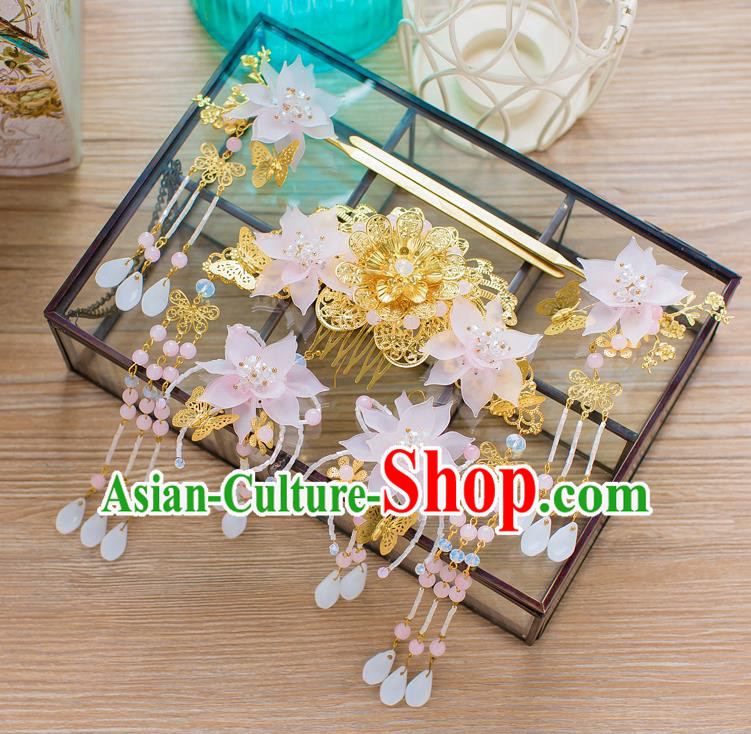 Chinese Handmade Classical Hair Accessories Ancient Palace Pink Lotus Hairpins Complete Set for Women