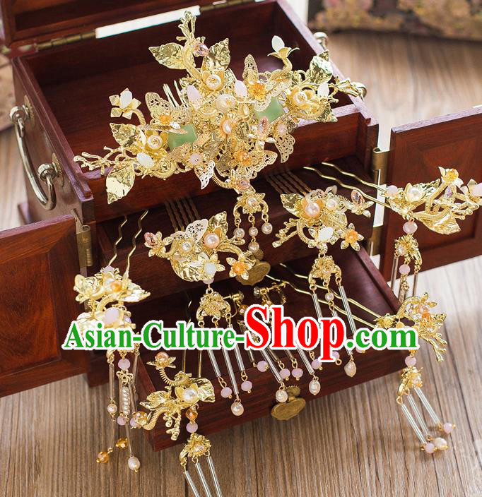 Chinese Handmade Classical Hair Accessories Ancient Palace Hairpins Golden Hair Comb Complete Set for Women