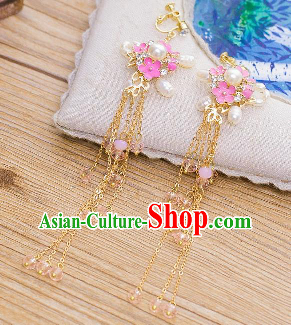 Handmade Classical Wedding Accessories Bride Pink Flowers Pearls Earrings for Women