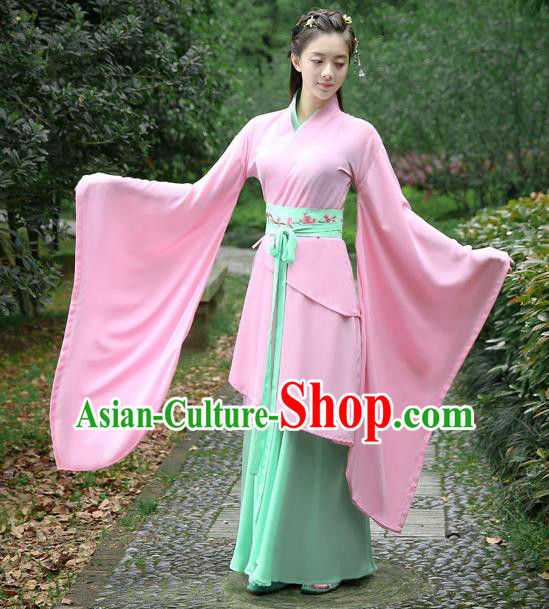 Traditional Chinese Ancient Han Dynasty Palace Lady Clothing Pink Dress Embroidered Curving-front Robe for Women