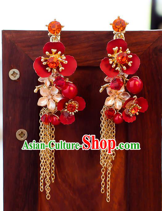 Handmade Classical Wedding Accessories Bride Tassel Red Flowers Earrings for Women