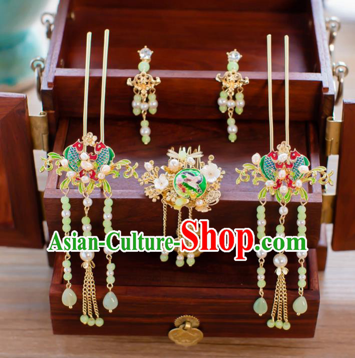 Chinese Handmade Classical Hair Accessories Ancient Tassel Double Fishes Hairpins Step Shake for Women