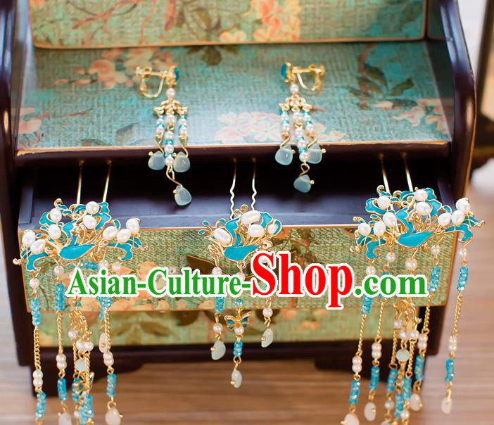 Chinese Handmade Classical Hair Accessories Ancient Hair Clip Blue Tassel Hairpins for Women