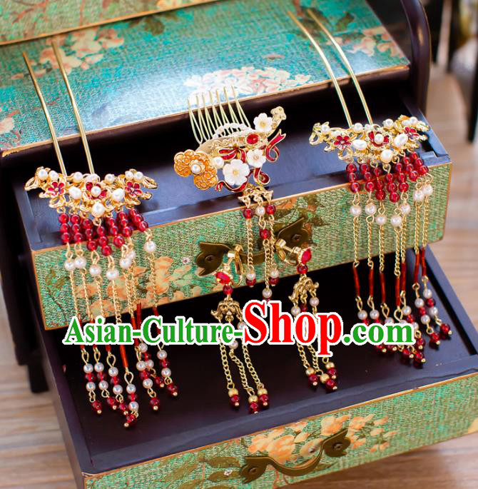 Chinese Handmade Classical Hair Accessories Ancient Red Beads Step Shake Tassel Hairpins for Women