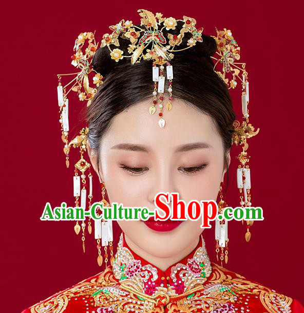 Chinese Handmade Classical Hair Accessories Ancient Red Phoenix Coronet Tassel Hairpins for Women