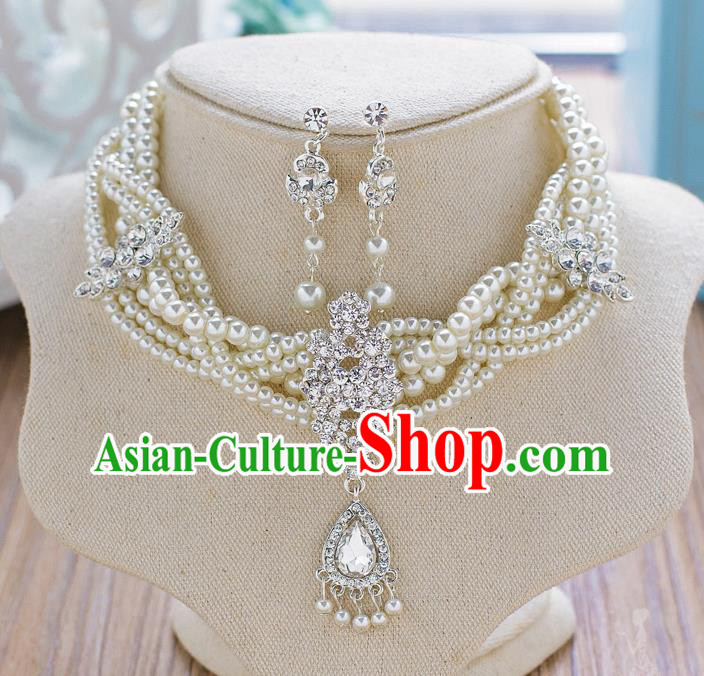 Handmade Classical Wedding Accessories Bride Pearls Necklace and Crystal Earrings for Women