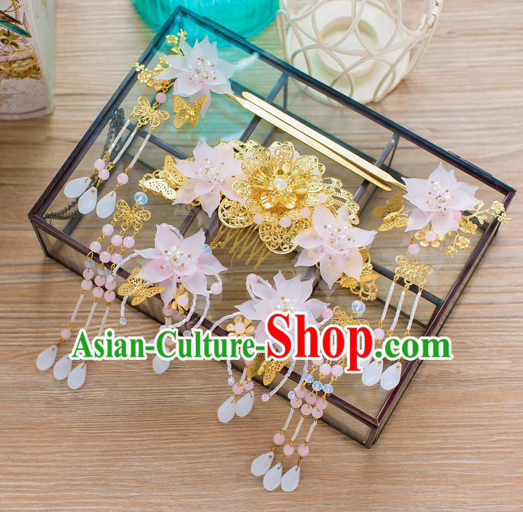 Chinese Handmade Classical Hair Accessories Ancient Pink Lotus Hair Comb Tassel Hairpins for Women