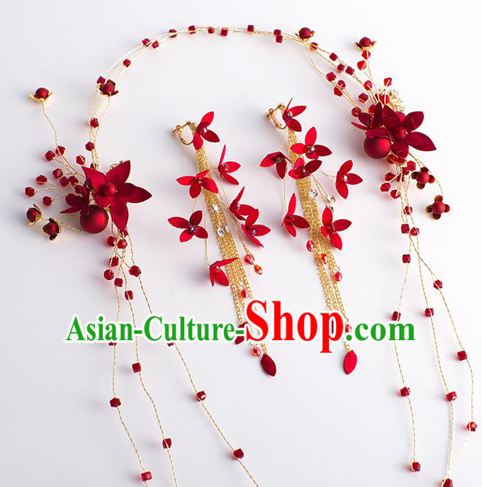 Handmade Classical Wedding Hair Accessories Bride Red Flower Hair Clasp Headwear for Women