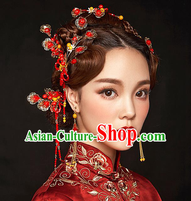 Chinese Handmade Classical Hair Accessories Xiuhe Suit Red Beads Tassel Hairpins Complete Set for Women