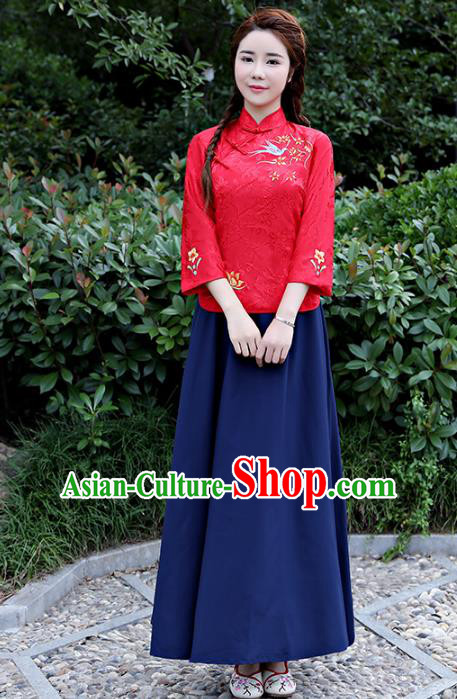 Traditional Republic of China Nobility Lady Costume Embroidered Cheongsam Red Blouse and Navy Skirts for Women