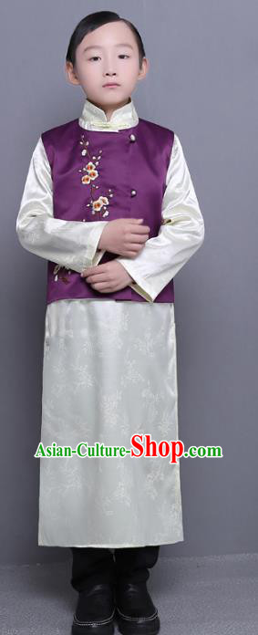 Traditional Republic of China Nobility Childe Embroidered Costume Chinese Long Robe for Kids