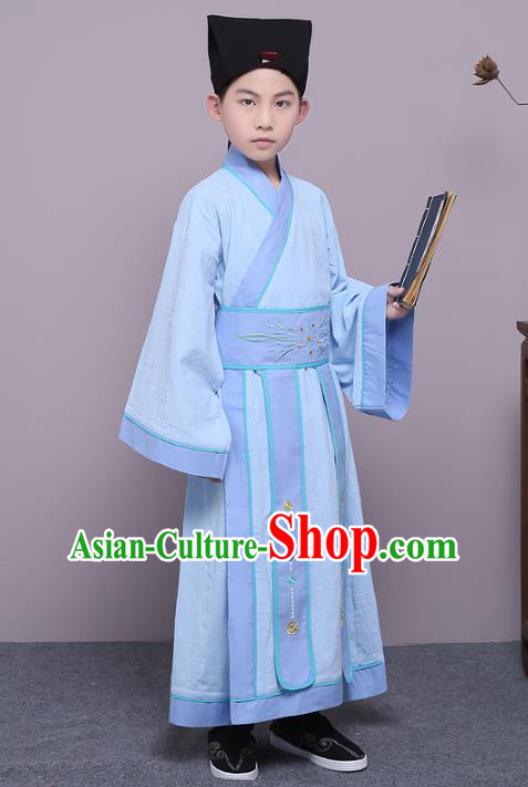 Traditional China Han Dynasty Minister Costume, Chinese Ancient Scholar Hanfu Blue Robe Clothing for Kids