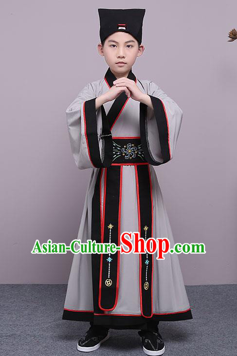 Traditional China Han Dynasty Minister Costume, Chinese Ancient Scholar Hanfu Grey Robe Clothing for Kids