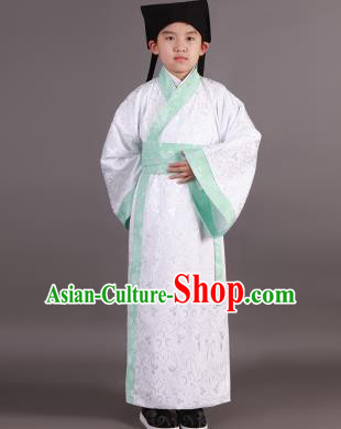 Traditional China Han Dynasty Minister Costume White Robe, Chinese Ancient Scholar Hanfu Clothing for Kids