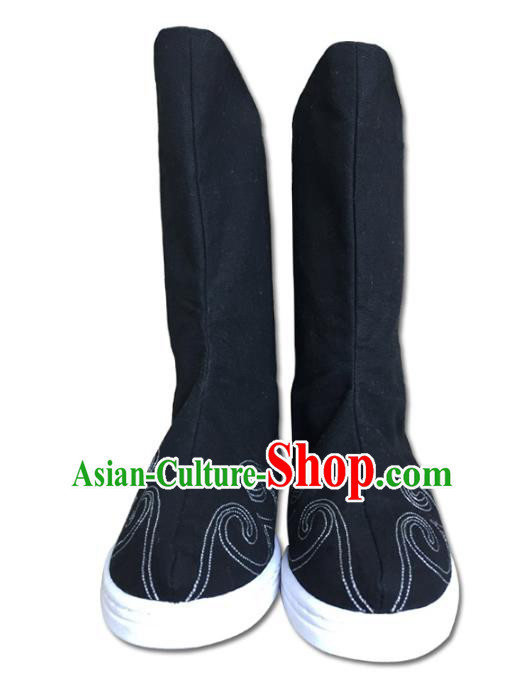 Traditional China Han Dynasty Scholar Shoes, Chinese Ancient Hanfu Black Boots for Men