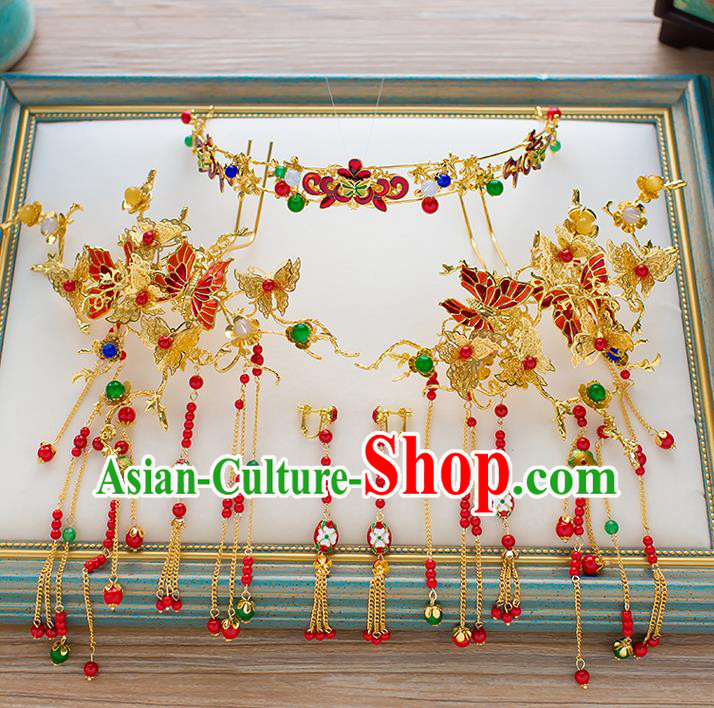 Chinese Handmade Classical Hair Accessories Xiuhe Suit Bride Tassel Hairpins Butterfly Step Shake Complete Set for Women