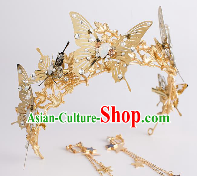 Handmade Classical Hair Accessories Baroque Bride Golden Butterfly Royal Crown Headwear for Women
