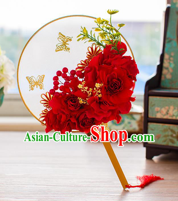 Chinese Handmade Classical Red Peony Butterfly Palace Fans Ancient Wedding Round Fans for Women